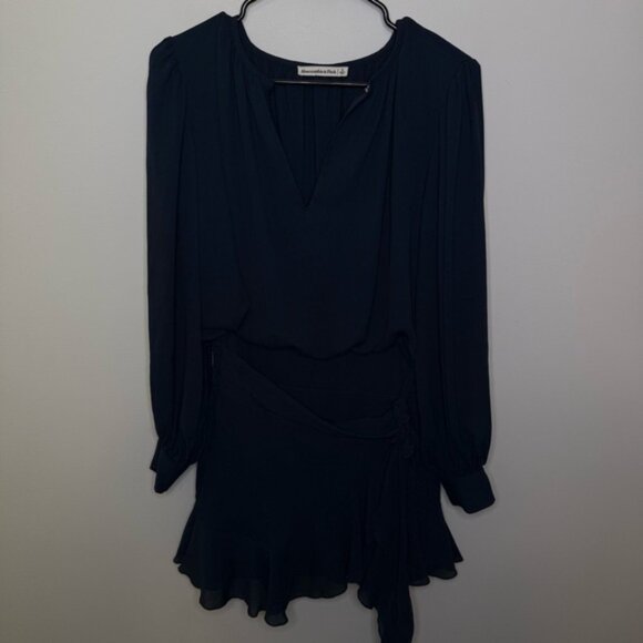 Abercrombie x Kathleen Post Long-Sleeve Wrap Micro Mini Dress Navy - Picture 3 of 9